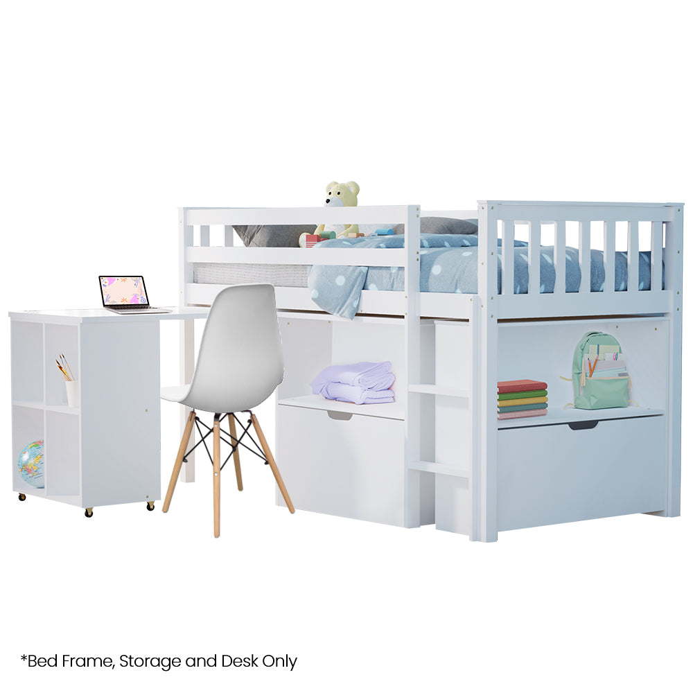 Kids Loft Bed Frame with Pull-Out Desk and Storage, 120kg Capacity - White