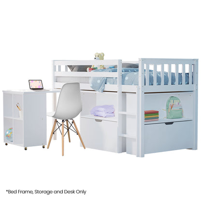 Kids Loft Bed Frame with Pull-Out Desk and Storage, 120kg Capacity - White