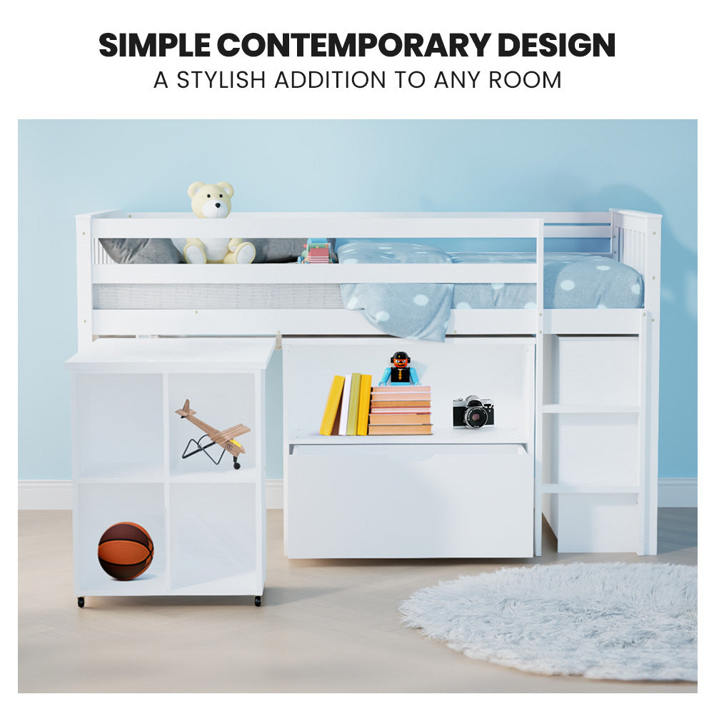 Kids Loft Bed Frame with Pull-Out Desk and Storage, 120kg Capacity - White