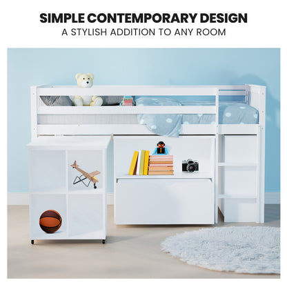Kids Loft Bed Frame with Pull-Out Desk and Storage, 120kg Capacity - White