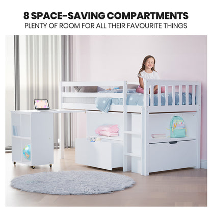 Kids Loft Bed Frame with Pull-Out Desk and Storage, 120kg Capacity - White