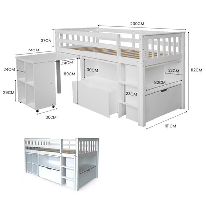 Kids Loft Bed Frame with Pull-Out Desk and Storage, 120kg Capacity - White