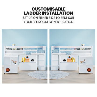 Kids Loft Bed Frame with Pull-Out Desk and Storage, 120kg Capacity - White