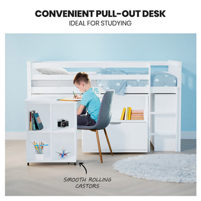 Kids Loft Bed Frame with Pull-Out Desk and Storage, 120kg Capacity - White