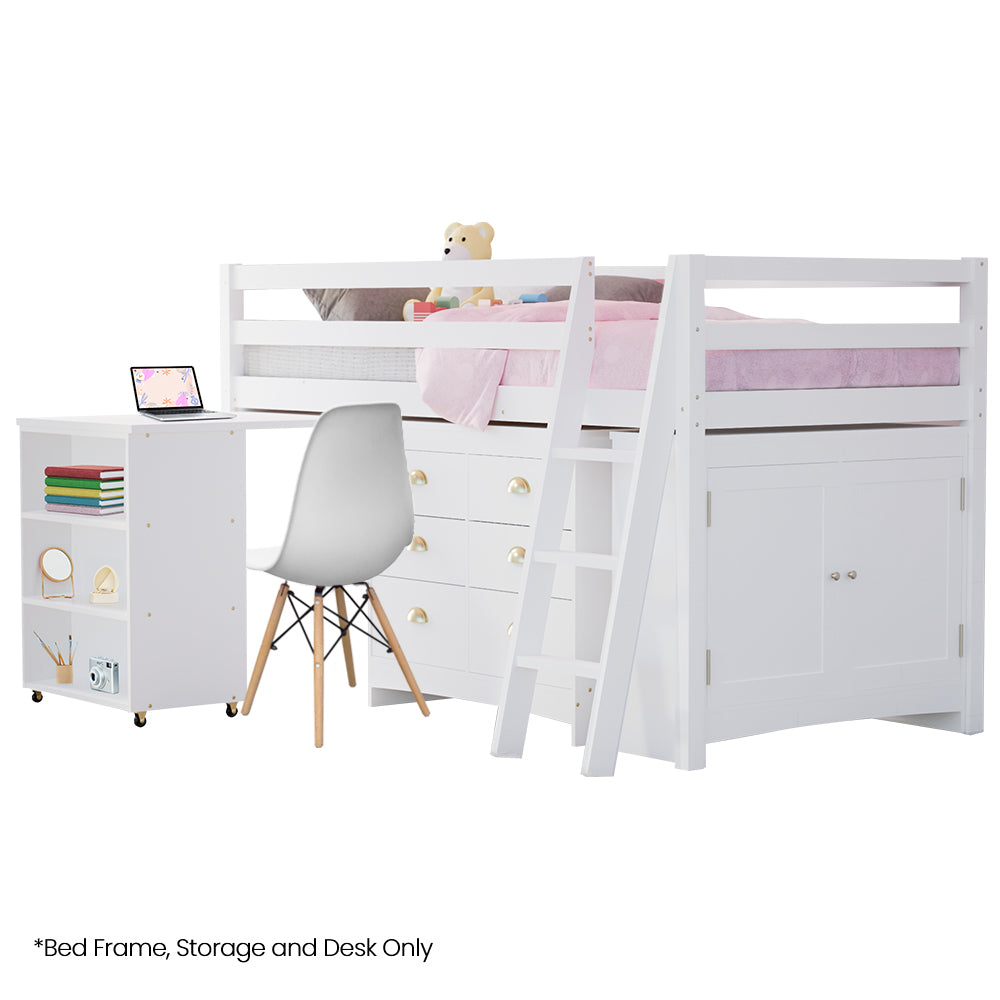 Wooden Kids Loft Bed Frame with Desk, Storage Drawers, and Cabinet - White