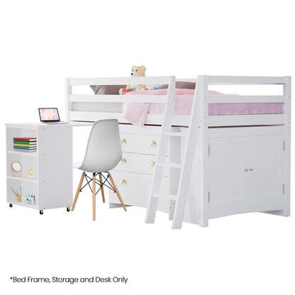 Wooden Kids Loft Bed Frame with Desk, Storage Drawers, and Cabinet - White