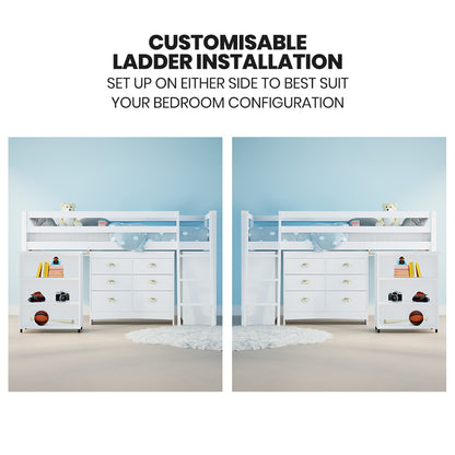 Wooden Kids Loft Bed Frame with Desk, Storage Drawers, and Cabinet - White