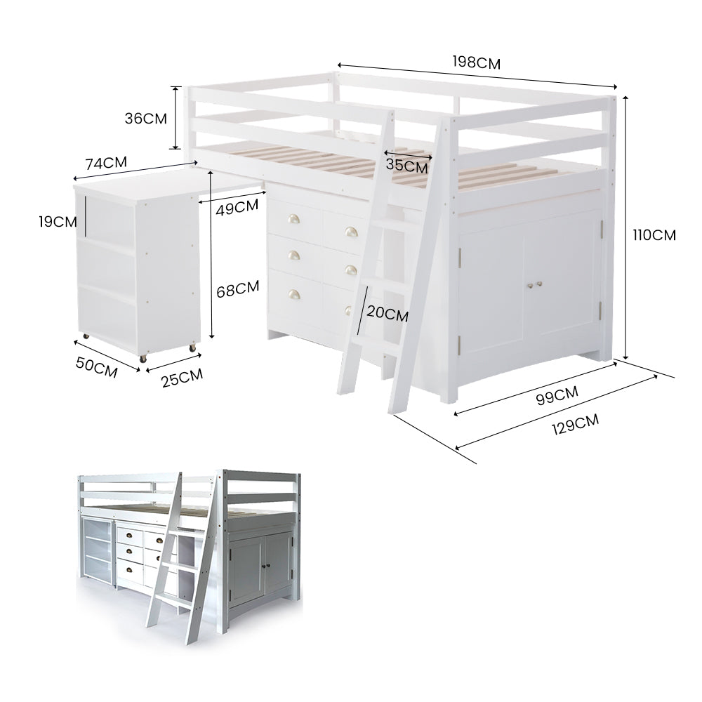 Wooden Kids Loft Bed Frame with Desk, Storage Drawers, and Cabinet - White