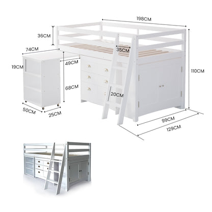 Wooden Kids Loft Bed Frame with Desk, Storage Drawers, and Cabinet - White