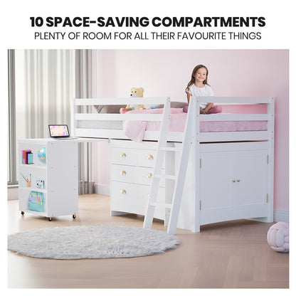 Wooden Kids Loft Bed Frame with Desk, Storage Drawers, and Cabinet - White