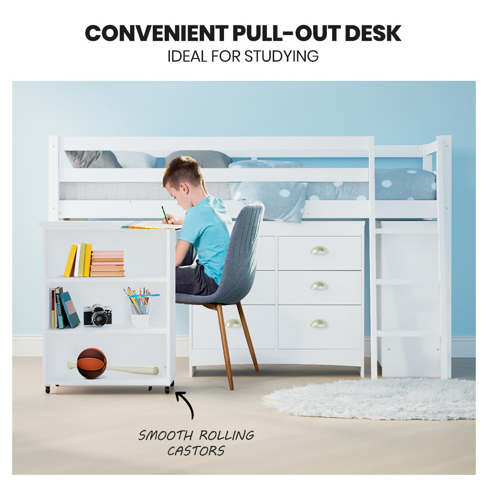 Wooden Kids Loft Bed Frame with Desk, Storage Drawers, and Cabinet - White
