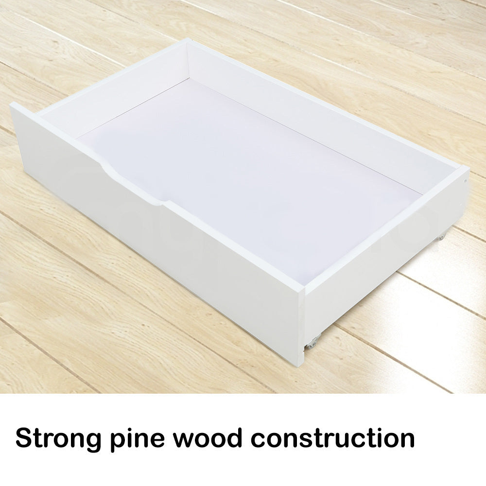 Under Bed Storage Drawers, Solid Pine, White, Set of 2, with Smooth Wheels