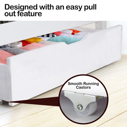 Under Bed Storage Drawers, Solid Pine, White, Set of 2, with Smooth Wheels