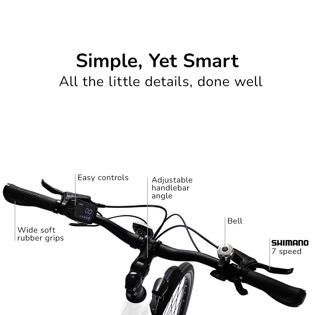 Electric Commuter Bike with Mid-Drive Motor, Step-Through Frame, White, 85km Range