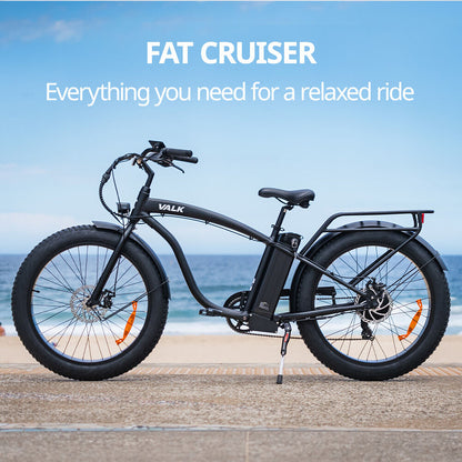 Electric Fat Tire Cruiser Bike, 350W Motor, 26" Wheels, 45km Range, Matte Black