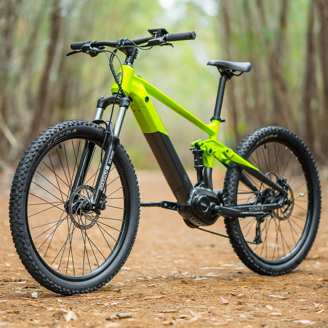 Electric Mountain Bike, Dual Suspension, 70km Range, Medium Frame, Black/Lime