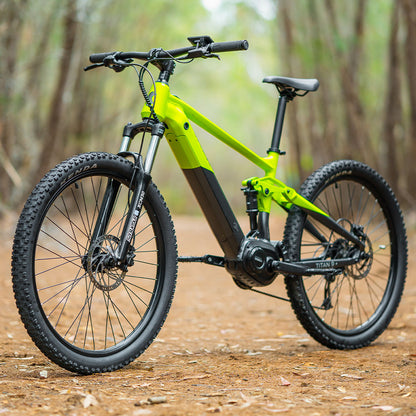 Electric Mountain Bike, Dual Suspension, 70km Range, Medium Frame, Black/Lime