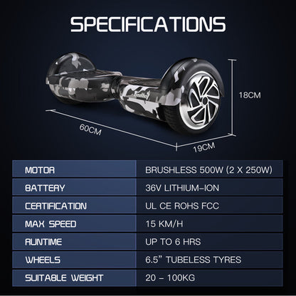 Electric Hoverboard Scooter with 6.5m Wheels, LED Lights, Camo Grey Design