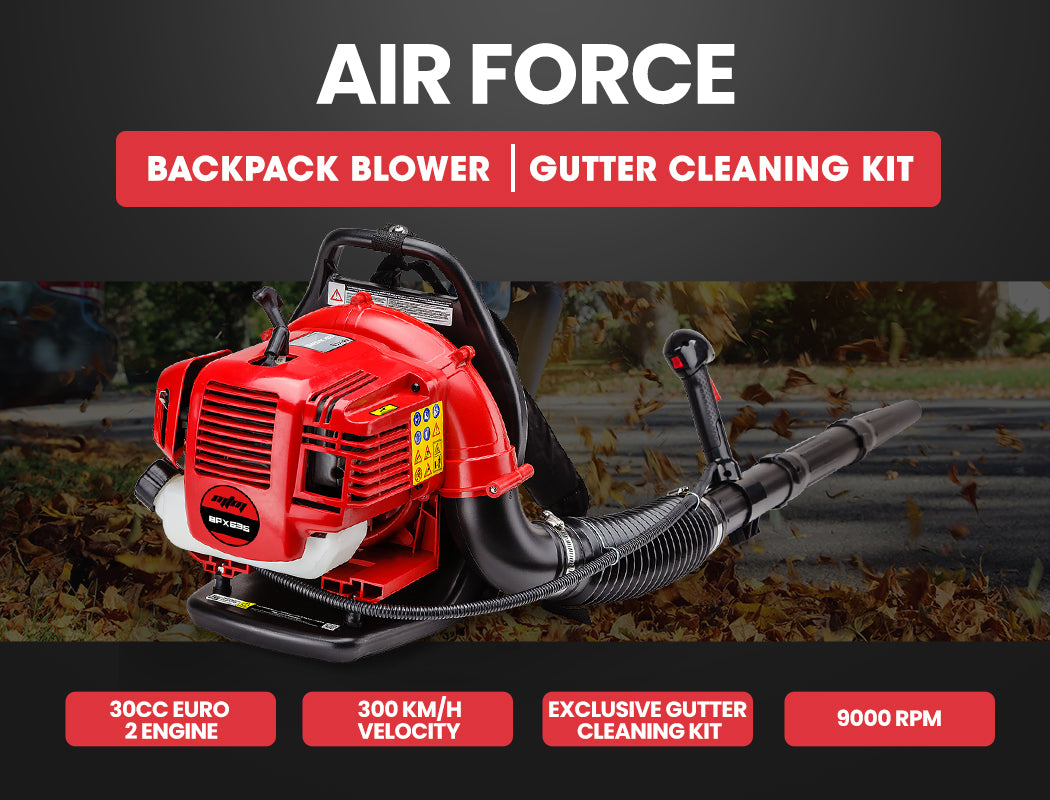 30cc Backpack Petrol Leaf Blower with Gutter Kit & 290cm Reach