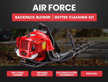 30cc Backpack Petrol Leaf Blower with Gutter Kit & 290cm Reach