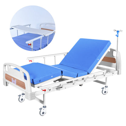 Manual Medical Bed with Mattress, Adjustable Incline, IV Pole, and Overbed Table