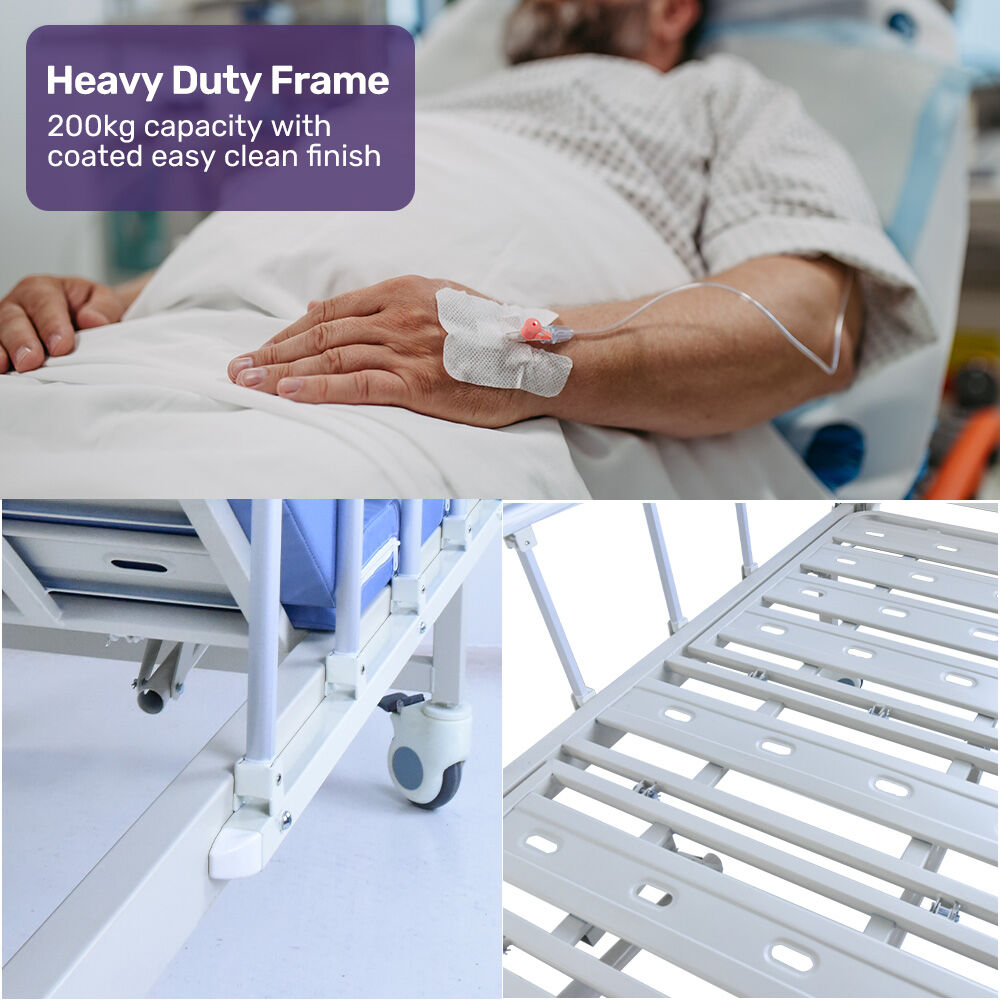 Manual Medical Bed with Mattress, Adjustable Incline, IV Pole, and Overbed Table