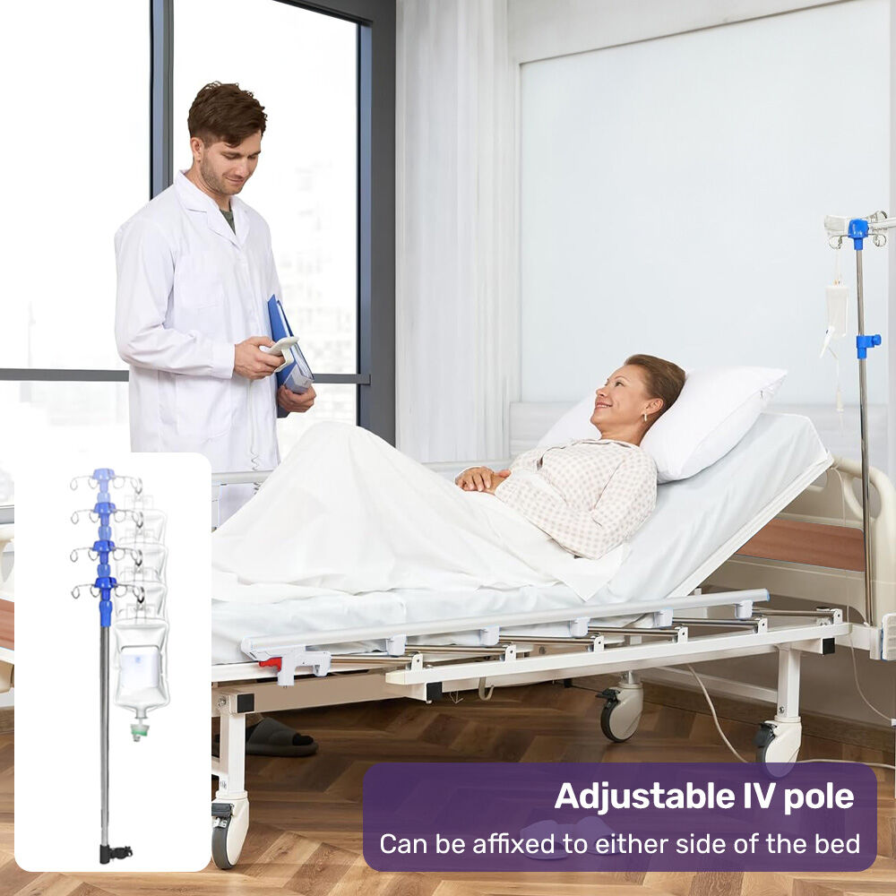 Manual Medical Bed with Mattress, Adjustable Incline, IV Pole, and Overbed Table