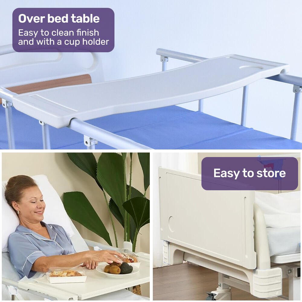 Manual Medical Bed with Mattress, Adjustable Incline, IV Pole, and Overbed Table