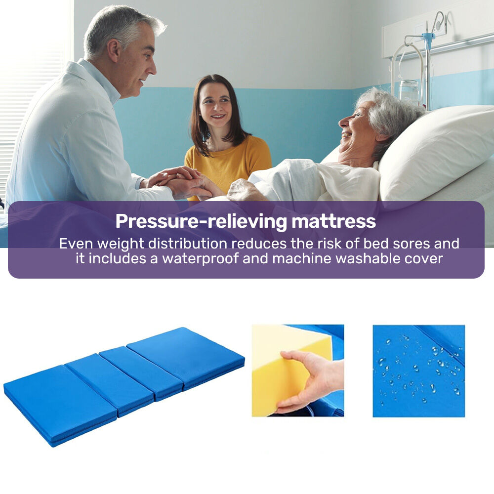 Manual Medical Bed with Mattress, Adjustable Incline, IV Pole, and Overbed Table