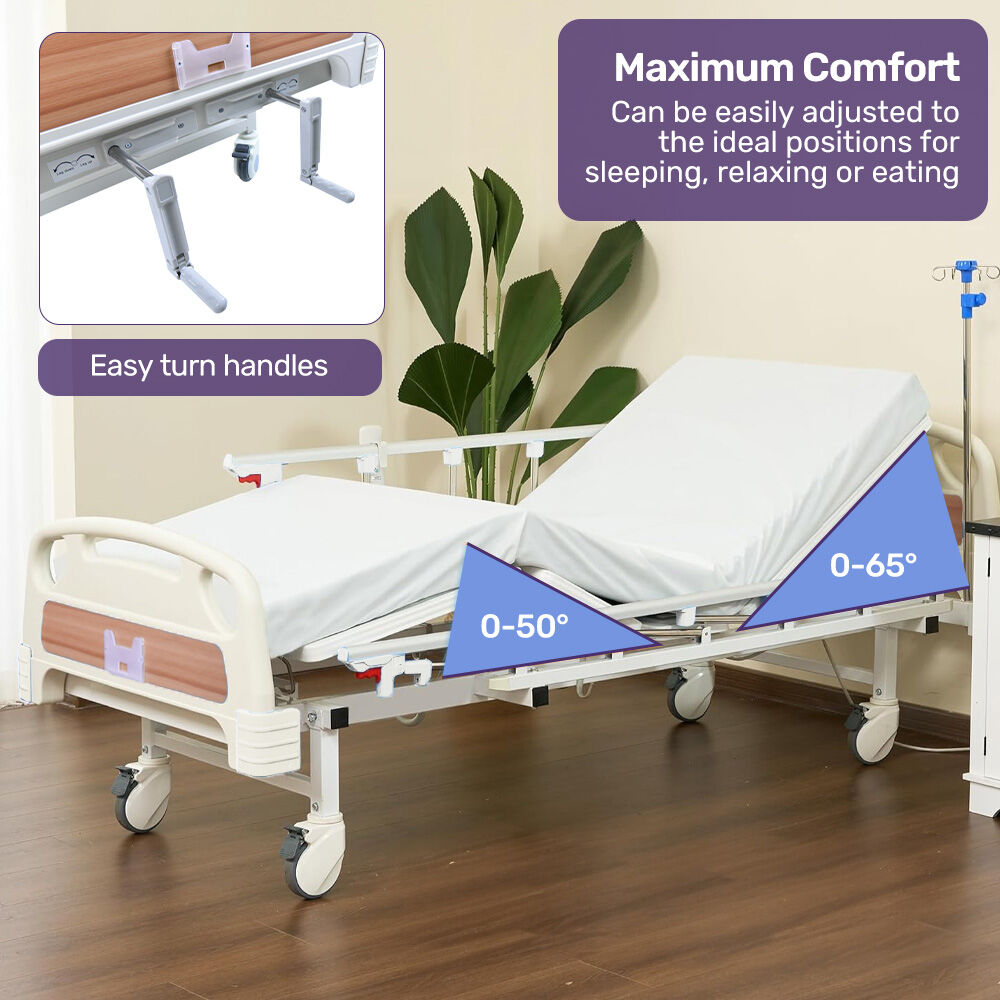 Manual Medical Bed with Mattress, Adjustable Incline, IV Pole, and Overbed Table