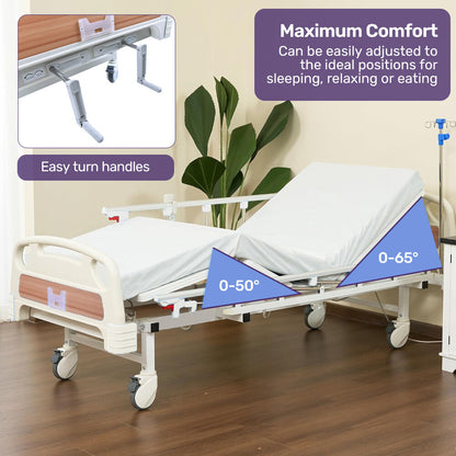 Manual Medical Bed with Mattress, Adjustable Incline, IV Pole, and Overbed Table