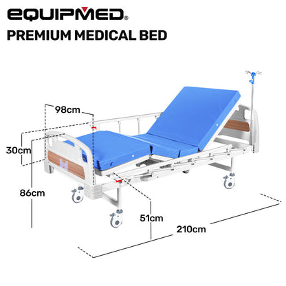 Manual Medical Bed with Mattress, Adjustable Incline, IV Pole, and Overbed Table
