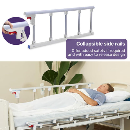 Manual Medical Bed with Mattress, Adjustable Incline, IV Pole, and Overbed Table