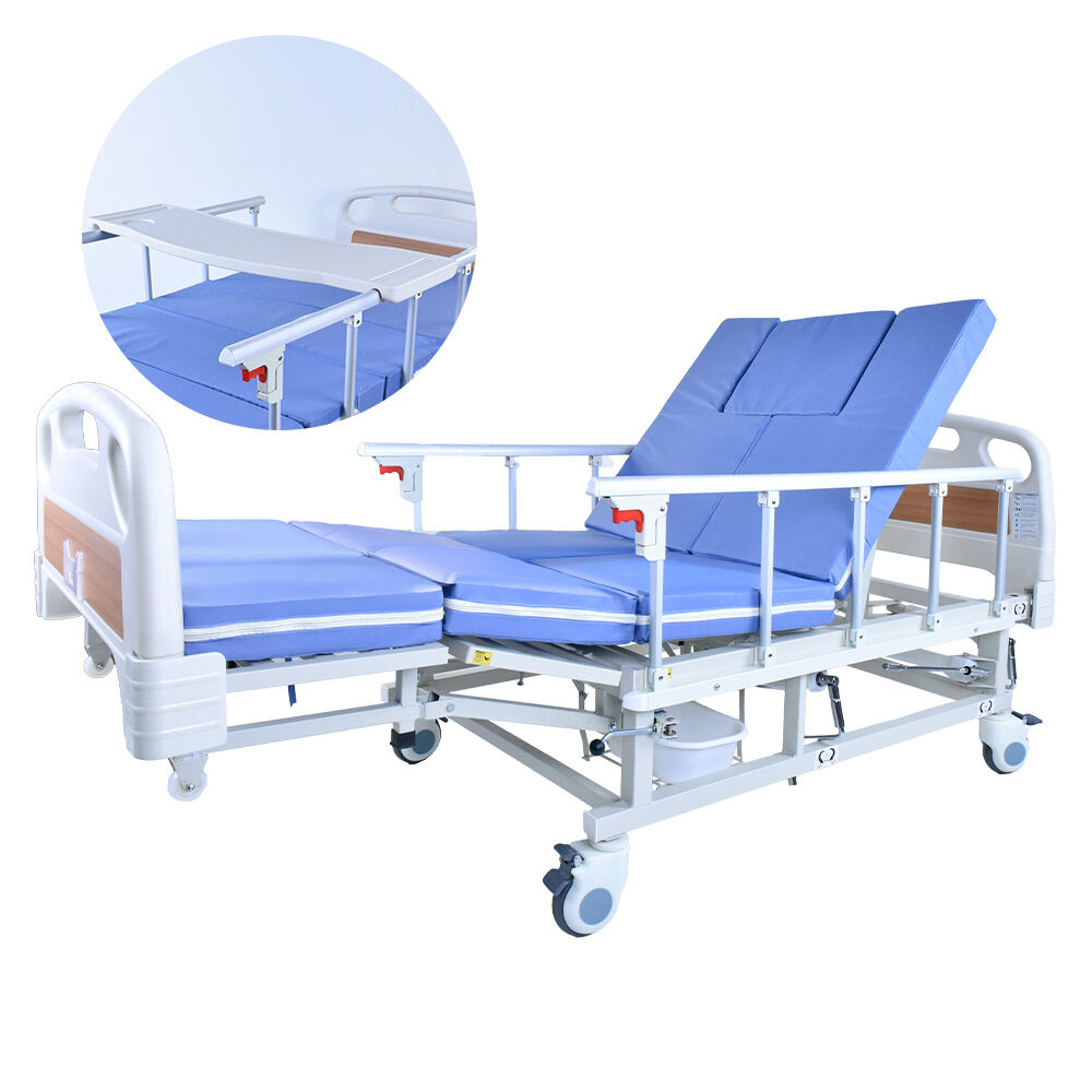 Adjustable Medical Bed with Lateral Tilt, Commode, and Over-Bed Table