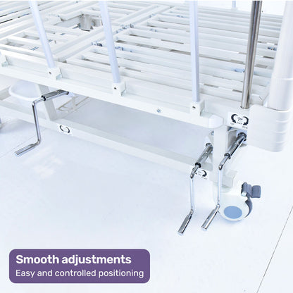Adjustable Medical Bed with Lateral Tilt, Commode, and Over-Bed Table