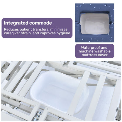Adjustable Medical Bed with Lateral Tilt, Commode, and Over-Bed Table