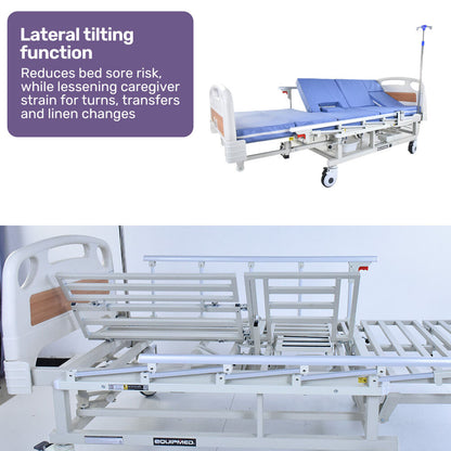 Adjustable Medical Bed with Lateral Tilt, Commode, and Over-Bed Table