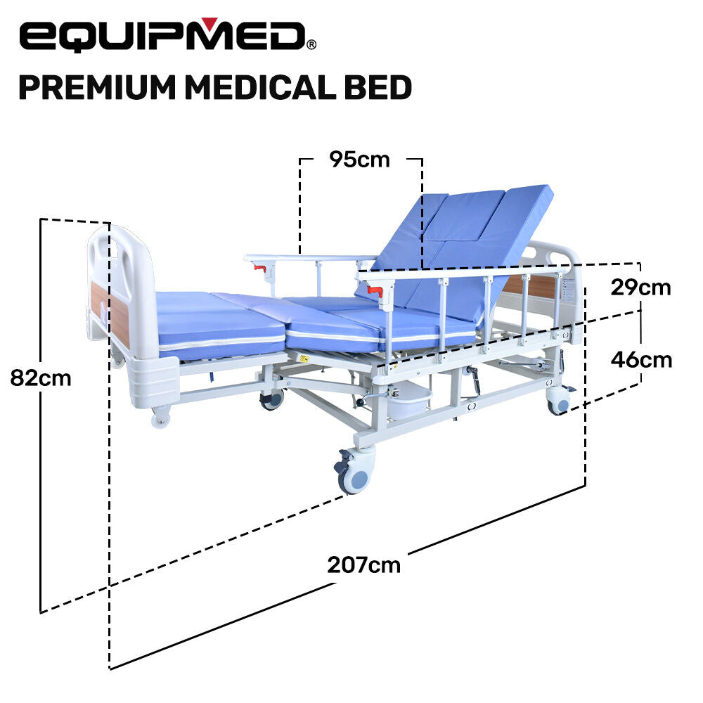 Adjustable Medical Bed with Lateral Tilt, Commode, and Over-Bed Table