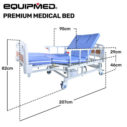 Adjustable Medical Bed with Lateral Tilt, Commode, and Over-Bed Table