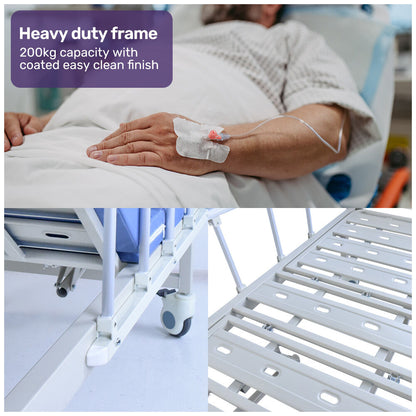 Adjustable Medical Bed with Lateral Tilt, Commode, and Over-Bed Table
