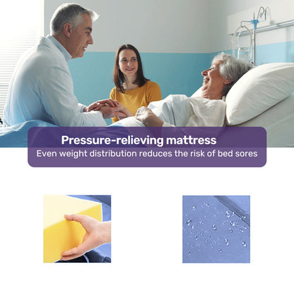 Adjustable Medical Bed with Lateral Tilt, Commode, and Over-Bed Table