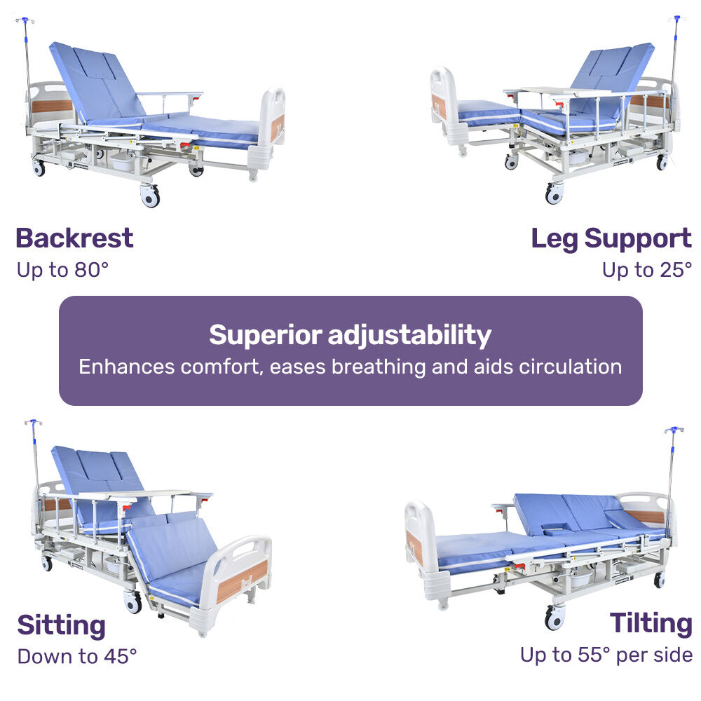 Adjustable Medical Bed with Lateral Tilt, Commode, and Over-Bed Table