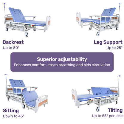 Adjustable Medical Bed with Lateral Tilt, Commode, and Over-Bed Table