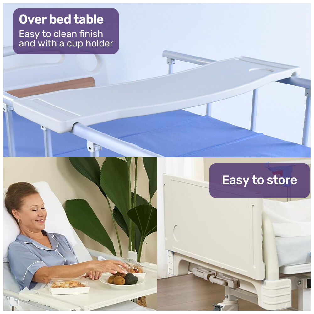 Adjustable Medical Bed with Lateral Tilt, Commode, and Over-Bed Table