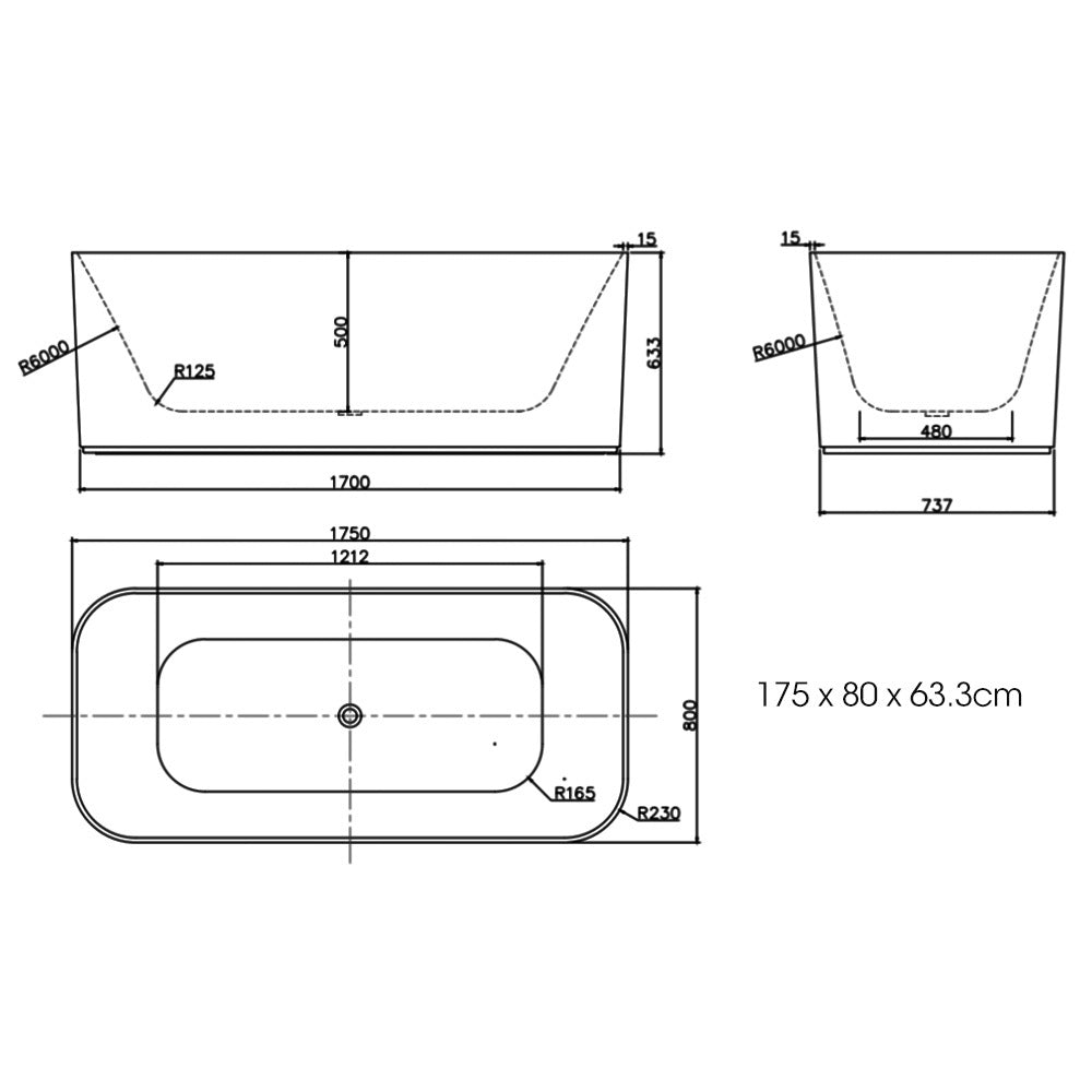 Freestanding Gloss Acrylic Bathtub 1.75m x 0.8m Round with Thermal Insulation