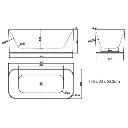 Freestanding Gloss Acrylic Bathtub 1.75m x 0.8m Round with Thermal Insulation