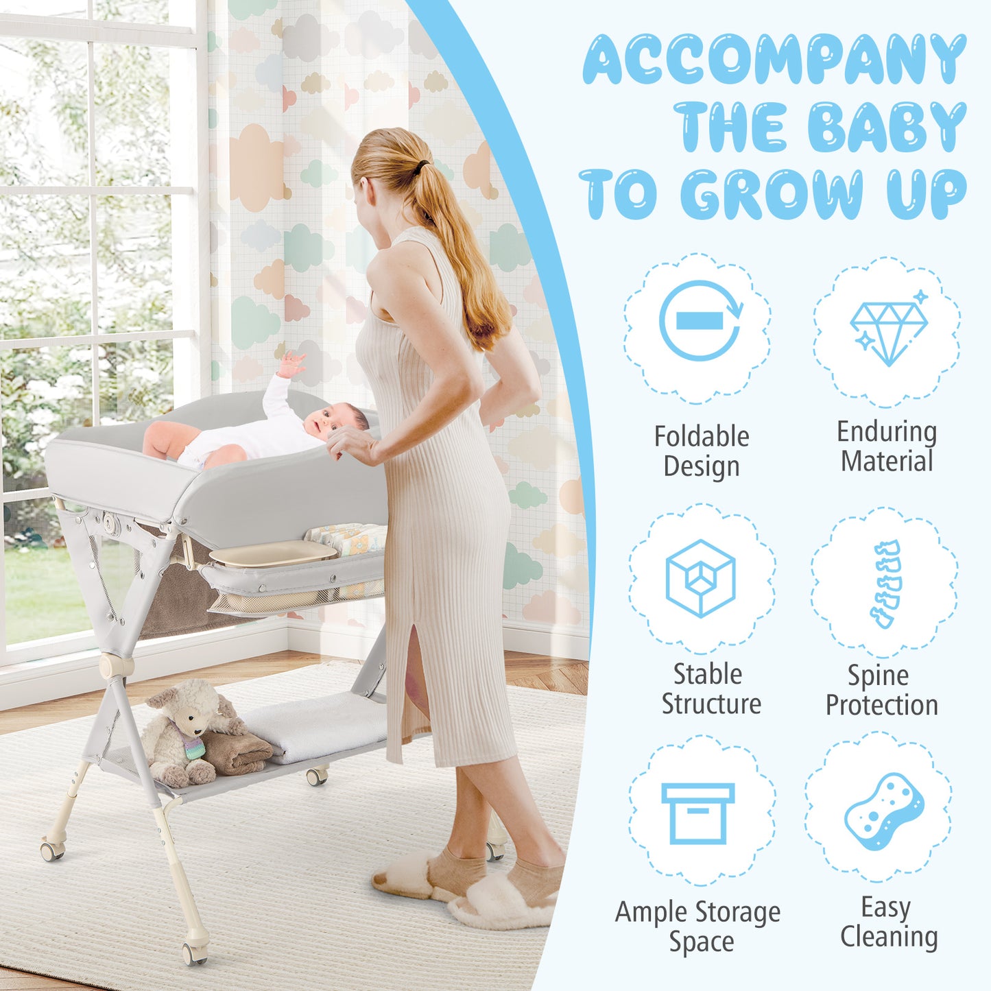 Baby Changing Table Foldable Diaper Changing Station Portable Newborn Nursery Organizer-Grey