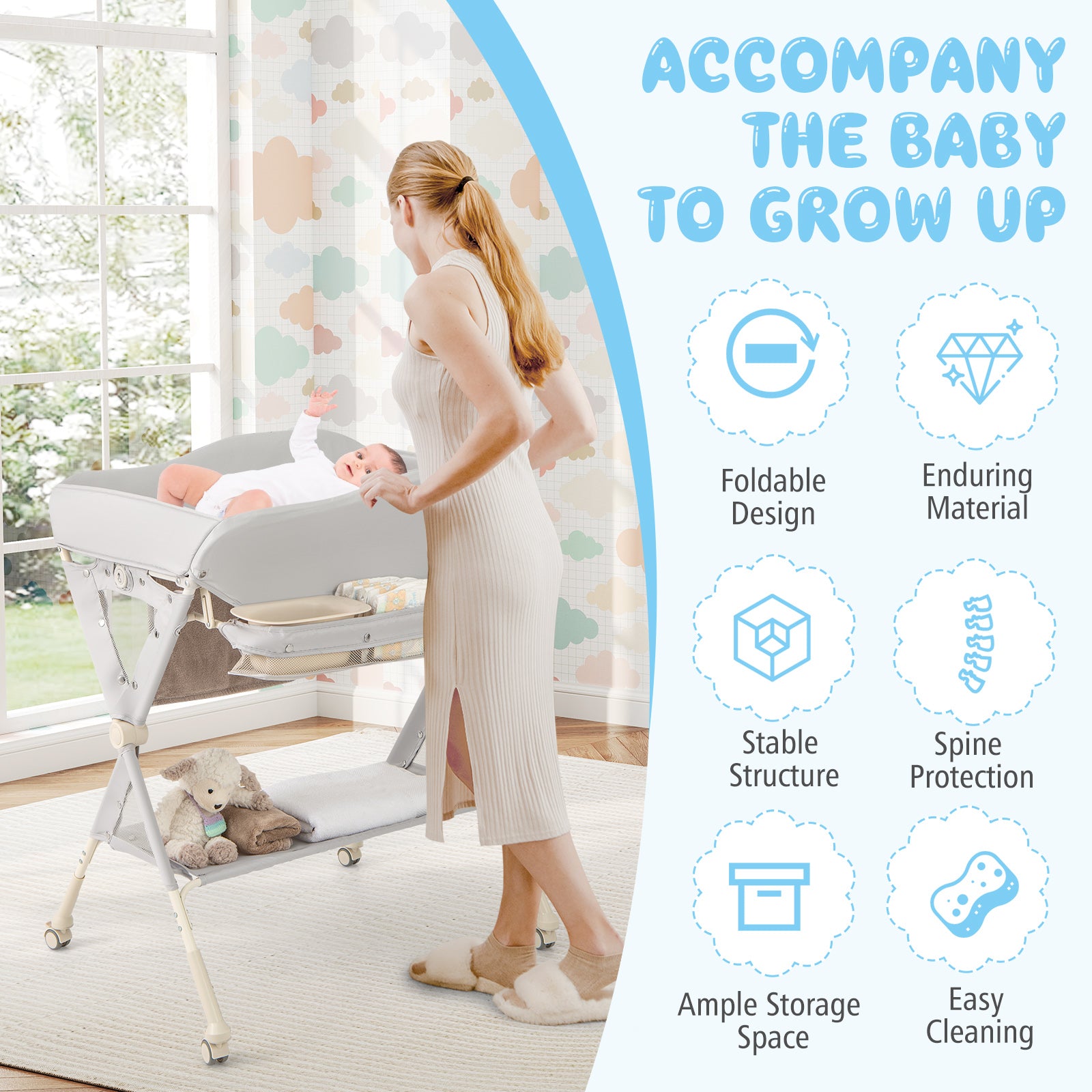 Baby Changing Table Foldable Diaper Changing Station Portable Newborn Nursery Organizer-Grey