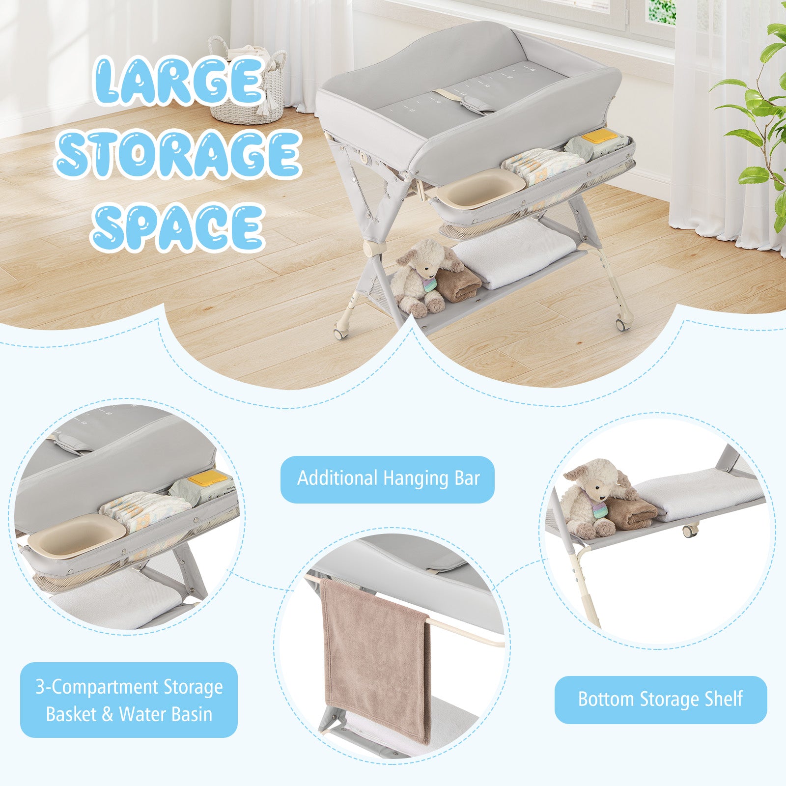 Baby Changing Table Foldable Diaper Changing Station Portable Newborn Nursery Organizer-Grey