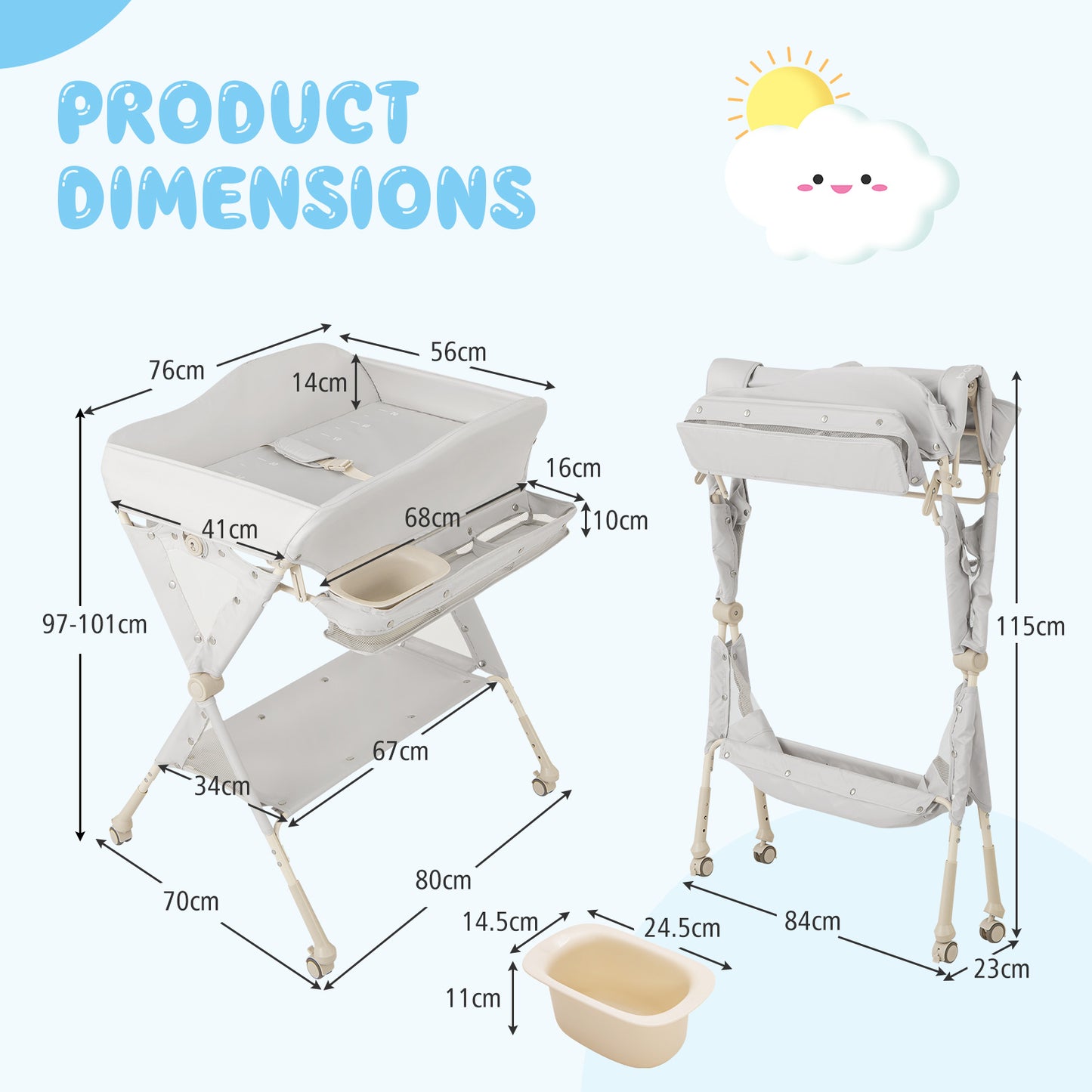 Baby Changing Table Foldable Diaper Changing Station Portable Newborn Nursery Organizer-Grey